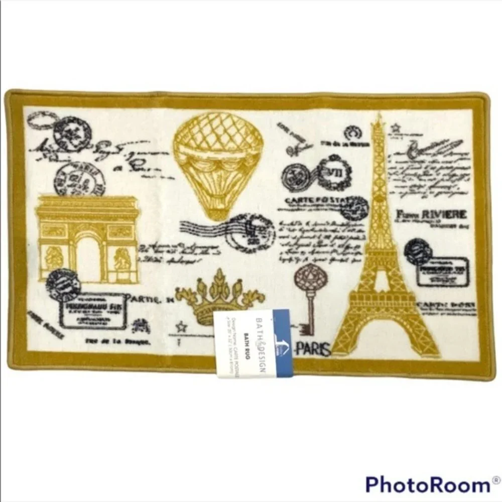 Paris Eiffel Tower French Bath Mat Rug Rectangle White Gold Multi 20 in x 32 in